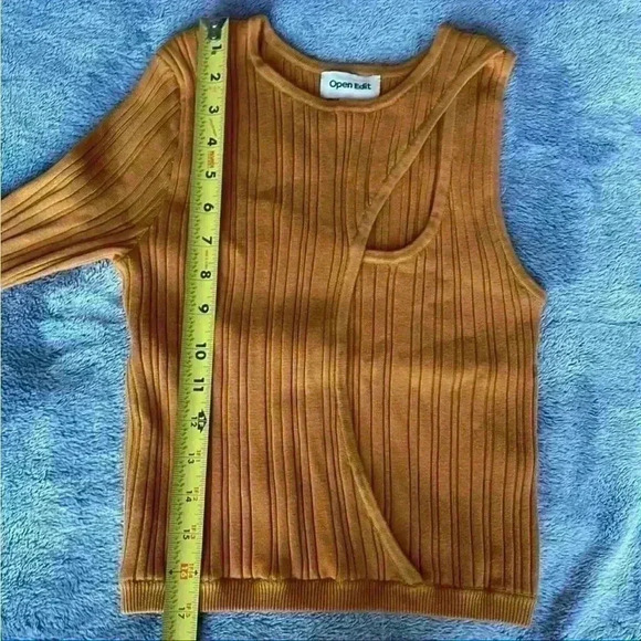 Open Edit Asymmetric Keyhole One Sleeve Sweater in Orange Inca Size X-Small NWT - Picture 7 of 10